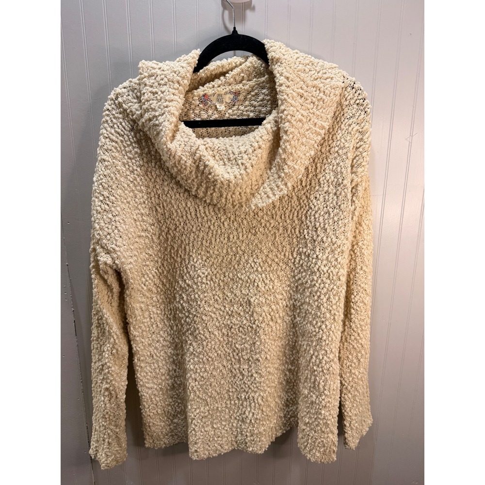 Pink Rose Vintage Womens XL Cream Popcorn Knit Cowl Neck Sweater Beige Cozy L/S